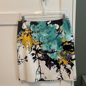 Tahari Abstract Floral Mini Skirt - Teal, Yellow, Black & White